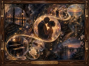 A warmly illuminated couple embraces within a glowing circular memory, surrounded by sweeping golden musical currents, moonlit city streets, a grand piano, white roses, and a tranquil sunset sea. Deep blues and amber highlights create a romantic, reflective mood, rendered in richly textured painterly detail within an ornate carved wooden frame.