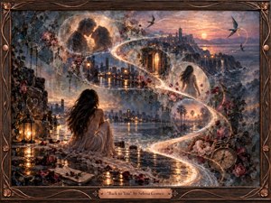 A solitary woman sits beside a moonlit coastal city as glowing memory ribbons sweep through an elegant S-curve, enclosing romantic scenes, distant skylines, roses, and a vintage clock. Warm amber light contrasts with cool blue-gray water and stone, creating a wistful, cinematic mood within a richly textured handcrafted frame.