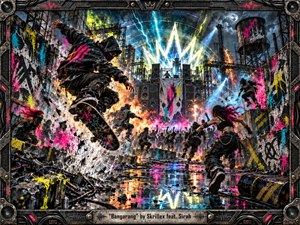 A chaotic industrial rave erupts inside graffiti-covered ruins as skaters and dancers surge toward a towering speaker stage. Electric blue, hot pink, yellow, and orange explode against smoky steel structures and wet reflective pavement. Dramatic spotlights, sparks, splattered paint, and kinetic figures create a rebellious, high-energy digital mixed-media aesthetic.
