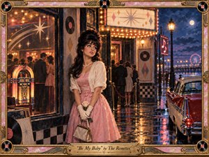 A wistful young woman in a pink 1960s dress waits outside a glowing dance hall on a rain-slicked boardwalk. Warm marquee lights contrast with deep blue moonlight, chrome reflections, a vintage car, jukebox, and distant Ferris wheel. Rich painterly textures and an ornate gold frame create nostalgic romantic elegance.