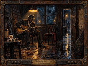A solitary blues guitarist plays in a rain-darkened bar, surrounded by worn wood, smoky shadows, scattered cards, and reflective puddles. Warm amber lamplight cuts through deep blue-black tones, creating a brooding, cautionary mood. Rich painterly textures, weathered surfaces, and an ornate guitar-inspired frame give the scene handcrafted intensity.