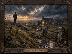 A solitary figure overlooks a windswept valley where a glowing stone chapel stands beneath turbulent storm clouds. Rich charcoal, bronze, ochre, and muted gold tones create a somber, searching mood. Thick painterly textures, reflective puddles, rugged fences, and dramatic sunset light evoke uncertainty, longing, faith, and fragile hope.