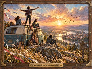 A joyful group of friends gathers around a weathered vintage camper on a rocky hilltop, overlooking a glowing river valley at sunrise. Warm gold, peach, teal, and blue tones create an uplifting mood, while sweeping sunbeams, flying birds, wildflowers, and windblown ribbons enrich the textured, handcrafted painterly scene.