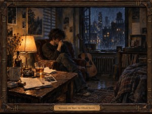 A solitary musician sits curled in a worn leather chair inside a dim, rain-soaked apartment, surrounded by scattered notes, photographs, records, and a resting guitar. Warm amber lamplight contrasts with the cold blue city beyond the window, creating an intimate, melancholic oil-painted scene framed with dark wood, brass, and guitar-string details.
