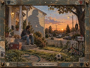 A solitary man sits with his dog on worn porch steps, gazing across a quiet suburban street at a glowing sunset. Warm amber, faded blue, and earthy green tones create a nostalgic, reflective mood. Textured painterly surfaces, bicycles, toys, mailboxes, and weathered guitar-inspired framing enrich the intimate, handcrafted scene.