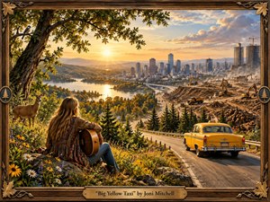 A woman with an acoustic guitar overlooks a sunlit valley where lush forest meets rapid urban development. A bright yellow taxi follows the winding road toward a growing skyline and construction zone. Warm golden light, rich greens, carved wood framing, wildlife, wildflowers, and painterly realism create a reflective, bittersweet environmental mood.
