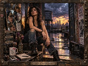 A defiant woman sits in a weathered rooftop studio overlooking a storm-lit city at sunset, surrounded by fractured mirrors, battered furniture, wilted flowers, and handwritten fragments. Warm amber light clashes with smoky blues and blacks, creating a rebellious, introspective mood. Rich mixed-media textures and an industrial guitar-inspired frame intensify the raw emotional atmosphere.