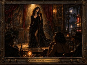 A sultry singer commands a smoky vintage blues club, framed by shadowed musicians, candlelit patrons, red velvet curtains, and a moonlit Southern night beyond. Warm amber spotlights cut through deep blacks, browns, and burgundy tones. Rich oil-paint textures, aged wood, bronze details, and an ornate musical frame create nostalgic, mysterious glamour.