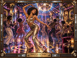 A radiant disco dancer in shimmering gold commands a crowded 1970s nightclub beneath a blazing mirrored ball. Warm amber, electric blue, and magenta lights scatter across reflective floors, mirrored columns, and velvet seating. The scene feels exuberant, glamorous, and kinetic, rendered with richly detailed, polished realism inside an ornate music-inspired frame.