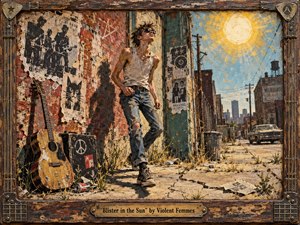 A restless young musician leans against a weathered Milwaukee alley wall beneath a blazing summer sun, surrounded by torn posters, cracked pavement, weeds, and battered instruments. Gritty acrylic-like textures, faded reds, ochres, blues, and harsh golden light create a raw, rebellious 1980s punk-folk atmosphere framed by distressed wood and metal.