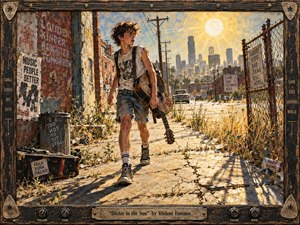 A restless young guitarist strides through a sun-scorched urban lot, surrounded by cracked pavement, weeds, brick walls, chain-link fencing, and faded signs. Harsh golden light casts long shadows beneath a blazing sky. Warm ochres, rust, denim blue, and black define the gritty mixed-media style, framed with distressed wood and musical hardware.