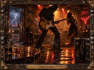 A smoky desert roadhouse erupts with blues-rock energy as a shadowed guitarist and backlit singer command the stage. Fiery amber, crimson, and gold lighting reflects across wet floorboards, while lightning flashes beyond the doorway. Weathered wood, brass hardware, neon glow, spilled whiskey, coiled cables, and textured mixed-media detail create a gritty, electrified atmosphere.