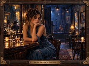 A solitary woman in a deep blue dress sits pensively at a polished bar inside a dim, intimate music club. Warm amber candlelight contrasts with cool midnight blues, creating a tender, melancholic mood. Painterly textures, reflective surfaces, an empty stage, guitar, and ornate dark-wood frame deepen the cinematic, handcrafted atmosphere.