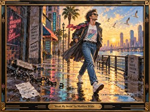 A confident man strides along a rain-slicked waterfront promenade at sunset, framed by palm trees, glowing storefronts, distant towers, and soaring gulls. Vibrant gold, teal, red, and blue reflections animate the pavement, while a broken chain suggests freedom and momentum. The richly textured, retro-inspired painting feels upbeat, resilient, and cinematic.