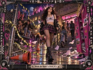 A defiant young woman strides through a chaotic nighttime school courtyard, framed by neon pink light, wet pavement, scattered papers, chain-link fencing, lockers, and cheering students. Punk fashion, metallic textures, warning tape, and glowing reflections create an energetic rebellious mood, while the studded black frame reinforces the raw, handcrafted concert-poster aesthetic.