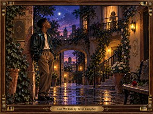 A young man stands beneath a moonlit courtyard, gazing toward a warmly lit window where a woman appears in silhouette. Rain-slick stone reflects amber lamps and deep violet-blue skies, while ivy, flowers, wrought iron, and a single red rose enrich the romantic scene. Painterly textures and an ornate wood-and-brass frame evoke nostalgic 1990s R&B longing.