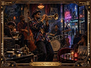 A vibrant trumpet player commands a smoky, neon-lit jazz club, surrounded by pianist, bassist, drummer, vinyl records, and attentive listeners in a richly layered nighttime scene. Warm amber interior light contrasts with cool blue city glow beyond the window, while painterly textures, Art Deco framing, and brass details evoke stylish motion, groove, and urban sophistication.