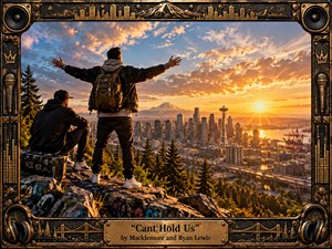 Two young men overlook a glowing waterfront city at sunrise, one standing triumphantly with arms outstretched while the other rests beside a rugged music case. Golden light, dramatic clouds, distant mountains, and urban landmarks create an energetic, victorious mood, framed by ornate bronze-and-black hip-hop details, speakers, microphones, and engraved metalwork.