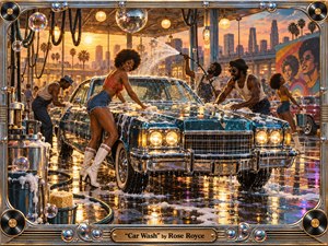 A gleaming vintage car anchors a lively 1970s car wash at sunset, surrounded by smiling workers, cascading water, soap suds, disco balls, palm trees, and city towers. Warm gold, teal, chrome, and neon reflections create an exuberant mood, while the ornate record-trimmed frame reinforces the handcrafted retro-funk style.