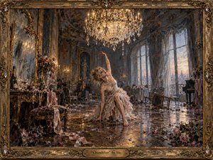 A solitary woman kneels beneath a blazing crystal chandelier in a lavish, disordered salon after a night of excess. Golden candlelight meets pale dawn through tall windows, illuminating shattered glass, roses, ribbons, overturned furniture, and reflective floors. Ornate baroque detail and painterly realism create a mood of fragile glamour, exhaustion, and emotional collapse.