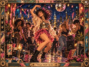 A jubilant rooftop dance party unfolds beneath a glowing city skyline, centered on a carefree woman moving beneath a mirrored disco ball. Saturated pinks, blues, golds, and turquoise shimmer through string lights, confetti, speakers, and flowers. Textured mixed-media styling, distressed framing, and warm reflections create playful, energetic nightlife exuberance.