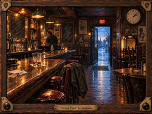 A warmly lit neighborhood bar stands nearly empty at closing, with stacked chairs, a lone glass, worn stools, and a bartender finishing his work. Amber interiors contrast with the cool blue dawn beyond the open door. Rich wood, reflective surfaces, vintage details, and a weathered musical frame create a nostalgic, bittersweet atmosphere.