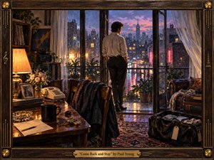 A solitary man stands at an open balcony door, gazing across a rain-washed city at dusk. Warm amber lamplight contrasts with cool violet skies and neon reflections, creating a wistful, romantic mood. Richly painted interior details, a packed bag, telephone, flowers, records, and ornate wood-and-brass framing suggest longing, departure, and hope.