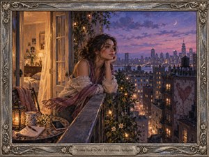 A wistful young woman leans on a flower-lined balcony above a glowing city at twilight, gazing across the skyline with quiet longing. Warm amber interior light contrasts with violet-blue evening skies and distant windows. Painterly textures, delicate string lights, handwritten notes, a phone, flowers, and an ornate silver frame deepen the romantic, nostalgic mood.