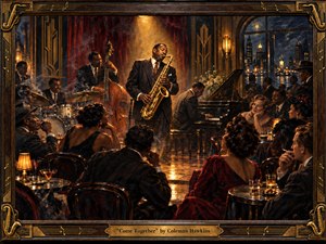 A warmly lit jazz club glows with amber and bronze tones as a saxophonist commands the center stage, surrounded by piano, bass, and drums. Elegant patrons gather beneath smoky shadows while city lights shimmer beyond arched windows. Rich painterly textures, polished wood, brass details, and an ornate musical frame evoke timeless sophistication.