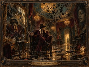 A solitary man in a burgundy suit sits in a decaying ballroom, surrounded by cracked mirrors, scattered records, chandeliers, and swirling black birds. Warm amber light cuts through teal shadows and crimson drapery, creating a surreal, uneasy mood. Rich painterly textures, gilded details, and fractured reflections heighten the sense of psychological tension.