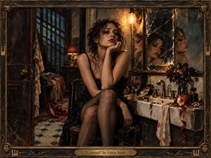 A weary woman sits before a cracked vanity in a decadent, dimly lit room, surrounded by wilted roses, red heels, spilled wine, and scattered pearls. Amber light clashes with deep teal shadows, creating a sultry, remorseful mood. Textured realism, fractured reflections, worn surfaces, and an ornate dark frame intensify the psychological tension.