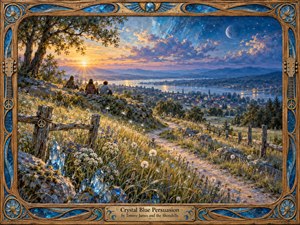 Three figures rest on a flowered hillside overlooking a peaceful river valley glowing between sunset and moonlit night. Crystal-blue formations sparkle among grasses and rustic fences, while warm golds blend into deep cobalt skies. A richly carved wooden frame with blue inlays, peace motifs, and guitar details enhances the dreamy 1960s-inspired atmosphere.