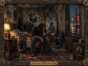 A weary man sits hunched on an unmade motel bed, surrounded by peeling walls, scattered tapes, worn furniture, and a cracked mirror reflecting a distant woman. Rain glows beneath neon outside the window, contrasting warm lamplight with cold blue shadows. The gritty, painterly realism evokes isolation, regret, emotional weight, and 1990s grunge melancholy.