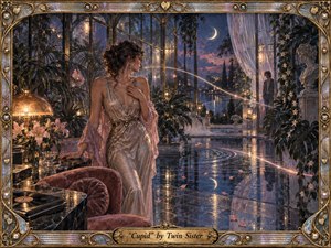 A wistful woman in a shimmering gown stands inside a moonlit glass conservatory, gazing toward a distant figure across reflective water. Indigo, violet, blush, and amber tones glow beneath crescent moonlight and warm lamps. Ornate gilded framing, lush plants, drifting petals, luminous arcs, and painterly textures create a romantic, dreamlike atmosphere.