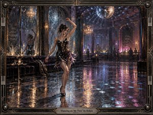 A solitary woman dances across a glossy midnight lounge, surrounded by distant figures, mirrored walls, and shimmering reflections. Violet, blue, gold, and magenta lights ripple beneath a disco ball, creating a glamorous yet lonely atmosphere. Painterly textures, dramatic lighting, and an ornate metallic frame heighten the bittersweet sense of isolation.