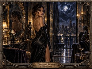 A poised woman in a sleek black gown stands within a luxurious moonlit penthouse, framed by gilded mirrors, marble, velvet, and sculptural details. Warm amber lamps contrast with cool blue city lights beyond the balcony. The dramatic, painterly realism evokes sensual confidence, mystery, danger, and elegant nocturnal glamour.