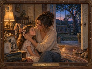 A tender mother and daughter share a quiet moment in a warmly lit bedroom, framed by an open doorway to a blue-violet twilight garden. Rich amber lamplight, textured fabrics, weathered wood, family photographs, and a hanging swing create nostalgic intimacy. Painterly realism and handcrafted details evoke love, memory, guidance, and emotional inheritance.