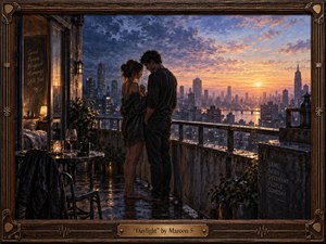 A couple stands close on a rain-darkened rooftop balcony at dawn, framed by a glowing city skyline. Warm gold and coral sunlight breaks through cool blue clouds, reflecting across wet stone and glass. Painterly textures, intimate body language, scattered candles, plants, and weathered wood create a tender, bittersweet atmosphere.