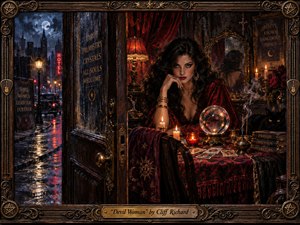 A mysterious dark-haired fortune teller sits inside a candlelit midnight parlor, framed by rain-slicked streets, tarot cards, crystal glass, incense smoke, roses, and a watchful black cat. Deep crimson, bronze, and blue-black tones create seductive danger, while ornate gothic metalwork and warm reflections give the scene richly handcrafted, cinematic detail.