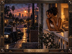 At twilight on a rain-glossed city street, a contemplative woman leans from a warmly lit porch while a distant man waits beside a dark car below. Amber lamps, violet skies, palm silhouettes, and shimmering pavement create romantic tension. Rich painterly textures, urban depth, flowers, and an ornate music-inspired frame heighten the bittersweet mood.