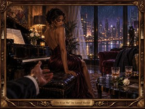 An elegant woman in a deep burgundy satin dress sits beside a glossy grand piano as an outstretched hand invites connection. A rain-streaked city glows beyond tall windows, while amber lamps, candles, crystal glasses, white roses, and velvet furnishings create an intimate mood. Painterly realism, blue-violet shadows, and ornate gold framing heighten the romantic atmosphere.