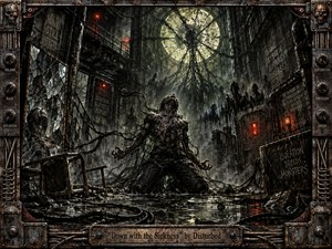 A tormented figure kneels in a decaying industrial chamber, engulfed by black tendrils beneath a cracked circular light. Rusted metal, shattered glass, cables, smoke, and warning lights create an oppressive, violent atmosphere. Sickly green-gray tones, deep shadows, and fiery red accents heighten the grim, textured heavy-metal aesthetic.