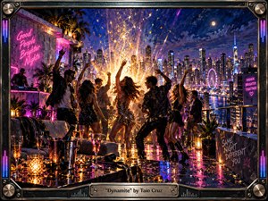 A vibrant rooftop party erupts against a glittering nighttime skyline, with dancers silhouetted around a burst of golden sparks. Electric pink, blue, violet, and amber lighting reflects across wet floors and glassware. The richly detailed digital-painting style blends cinematic realism, nightlife energy, metallic framing, neon accents, and celebratory motion.