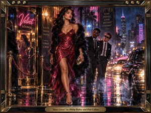 A glamorous woman in a shimmering crimson gown strides from a velvet-rope nightclub into a rain-soaked neon city, watched by two sharply dressed men. Pink, blue, gold, and black reflections intensify the seductive, high-energy mood. Detailed painterly realism, dramatic lighting, glossy streets, vintage nightlife styling, and an ornate musical frame complete the scene.