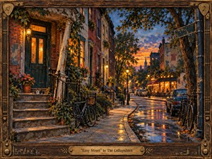 A warmly illuminated brownstone street glows after rain at sunset, framed by weathered wood and brass musical details. Bicycles, stoops, trees, cafe lights, and reflective pavement create a relaxed urban intimacy. Rich amber, blue, and rust tones, painterly textures, and soft evening light evoke nostalgia, comfort, and quiet optimism.