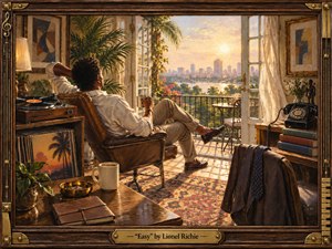 A relaxed man reclines in a leather chair beside open French doors, gazing across a sunlit balcony toward a distant city and shimmering water. Warm gold, cream, brown, and muted blue tones create a peaceful, reflective mood. Rich oil-paint textures, vintage furnishings, vinyl records, plants, and a crafted musical frame complete the scene.