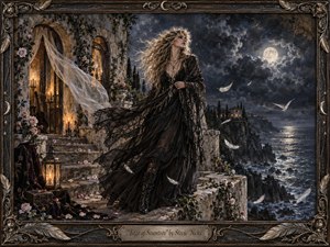 A windswept woman in flowing black lace stands on a moonlit coastal terrace above a turbulent sea, framed by crumbling stone, roses, candles, and drifting feathers. Storm clouds, silver moonlight, and warm amber lanterns create a haunting romantic mood, rendered with richly textured, gothic oil-painting detail and ornate metallic framing.