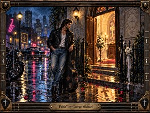 A leather-clad musician pauses outside a warmly glowing chapel on a rain-soaked city street, caught between independence and commitment. Cool midnight blues and neon reflections contrast with amber candlelight, stained glass, roses, a motorcycle, and a worn guitar case. Rich painterly textures and an ornate guitar-inspired frame deepen the romantic tension.