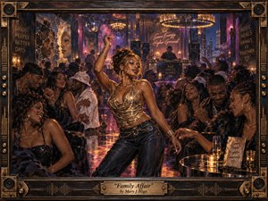 A glamorous nightclub celebration centers on a confident woman dancing amid a joyful crowd, framed by warm bronze and dark wood details. Golden chandeliers, violet city lights, mirrored reflections, and candlelit tables create a rich, intimate glow. Painterly textures, musical hardware, and the engraved title plate reinforce the soulful, communal atmosphere.