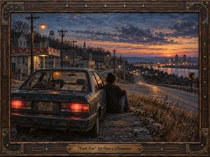 A weathered car rests beside a descending highway at twilight, where a solitary figure watches a distant city glow beyond the river. Deep blues, rusted browns, and amber lights create a wistful, uncertain mood. Painterly textures, cracked surfaces, roadside decay, and the handcrafted wooden-metal frame suggest longing, escape, and fragile hope.